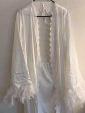 White Satin Lace Feather Trim Women's Eveningwear Robe with Lace Cuffs