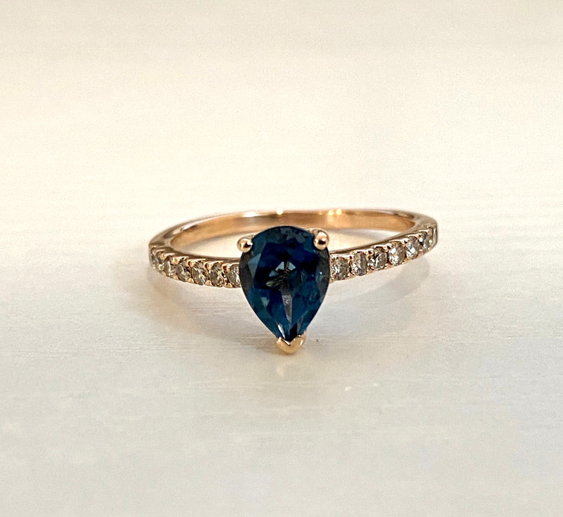 LeVian 14K Rose Gold Blue Topaz & Vanilla Diamonds Ring Size 7.75