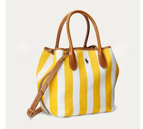 Polo Ralph Lauren Bellport REVERSIBLE Canvas Tote Bag Yellow White Stripe - Picture 2 of 17