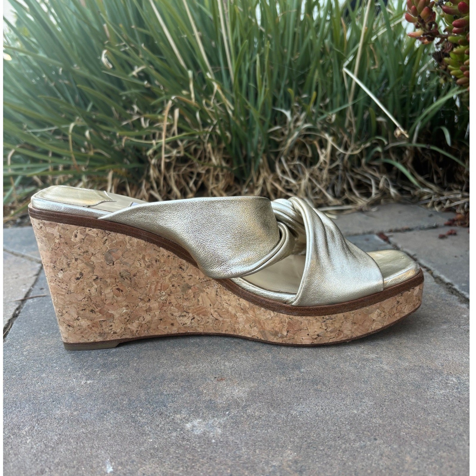Jimmy Choo Narisa 90 Gold Metallic Leather Twisted Knot Cork Wedge Sandals Sz 9 image 8