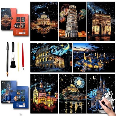 Kratz-Kunst-Malpapier-Set Landmark Building City Nachtszene A3