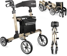 Rollator Walker For Taller Seniors W/ Seat Foldable 10 inch Wheels Tan Brand New