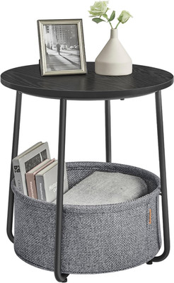 Small Round Side Table Nightstand with Fabric Basket Ebony Black Slate Gray