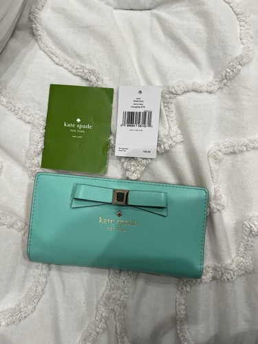 KATE SPADE NEW YORK LEATHER BOW WALLET Green Turquoise Rare PWRU3443 Cherry Lane