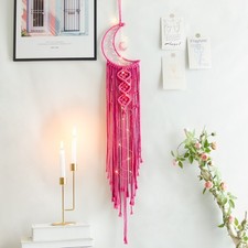 Crochet Crescent Moon Dream Catcher - Boho Macrame Hanging Wall Decor, Red Cotto