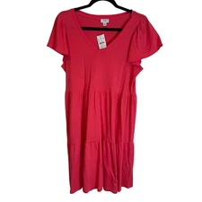J Crew Tiered Flutter Sleeve V Neck Cotton Dress Coral Pink Size Small