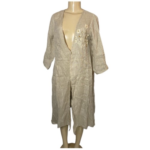 LINEN BLOOM Beige Embroidered Lounge Cape Cardigan Sustainable Pure Linen Sz XL - Picture 2 of 9