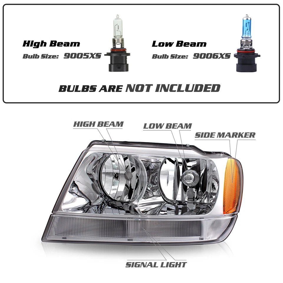 For 1999-2004 Jeep Grand Cherokee Chrome Headlights Amber Corner Headlamps Pair - Image 2 of 4