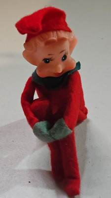 Vintage Pixie Elf Knee Hugger Red Green MCM Christmas Rubber Face