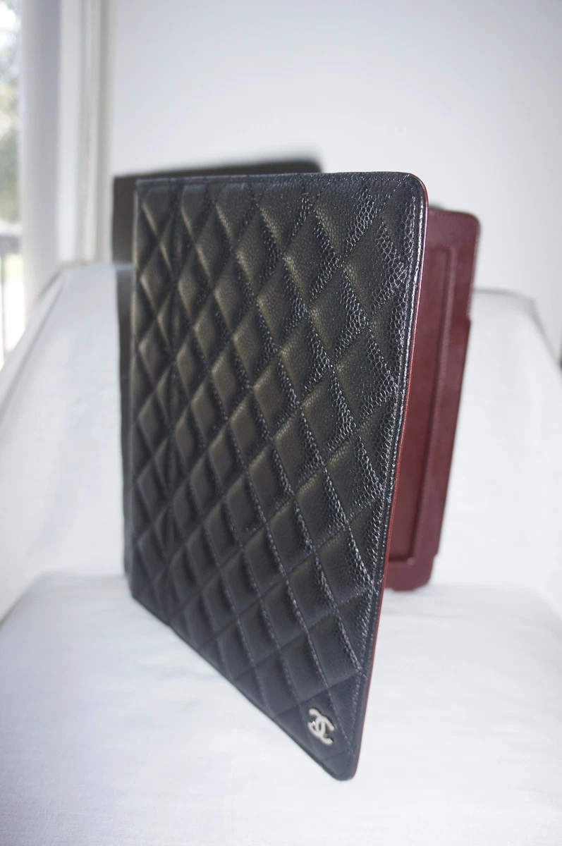 NEW CHANEL Black Caviar Leather Quilted CC Logo iPad Tablet Case Holder Cover