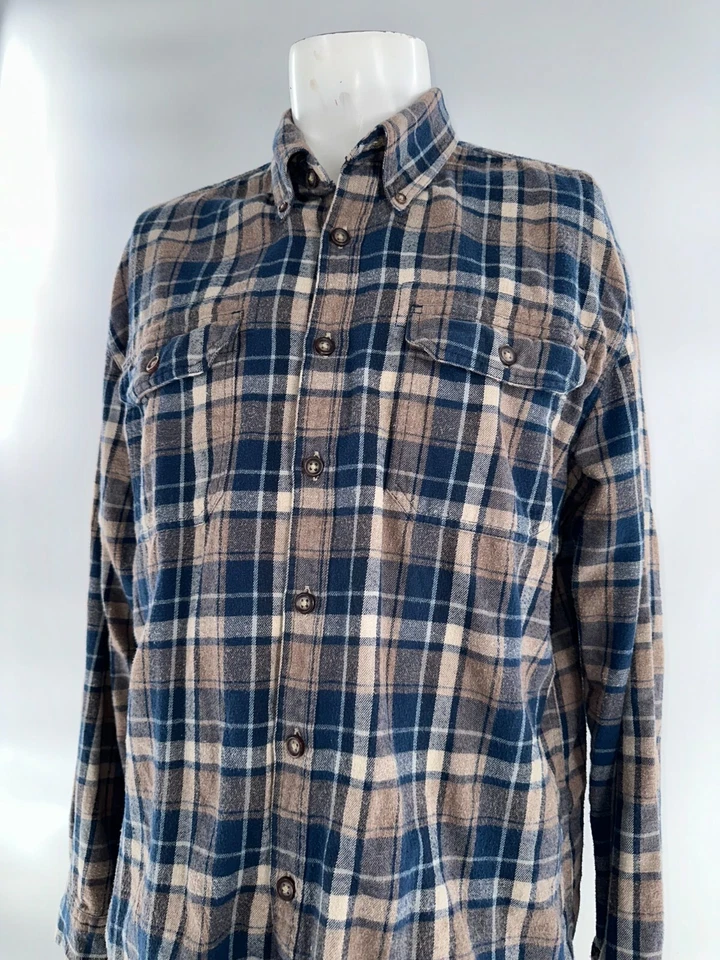 GH Bass Earth Button-Up Shirt Men L Blue Brown Plaid 100% Cotton YGI J4-92 - Image 3 of 4