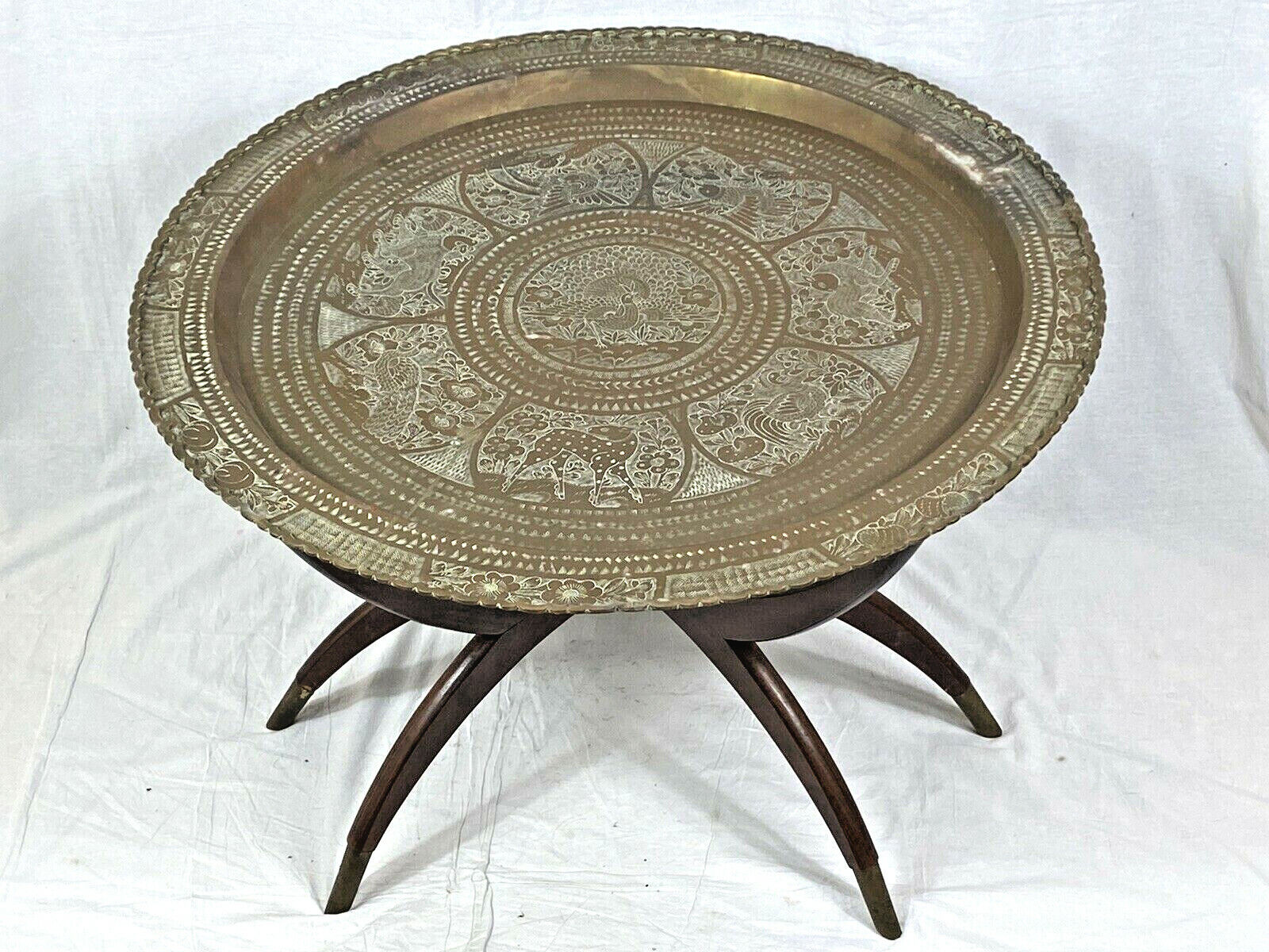 Antique Vintage 32" Military Brass Engraved Moroccan Table w/ Spider Legs 1950's