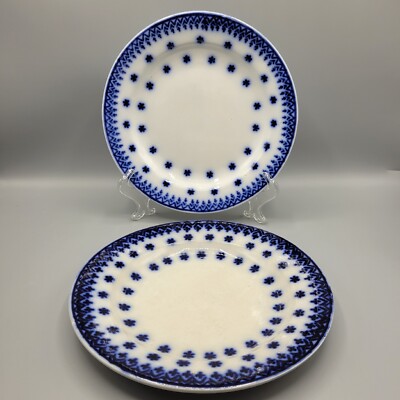 Antique Amish Snowflake Flow Blue Spongeware Plates Set Of 2, 8.5 In