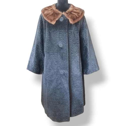 Borre by Fairmoor finto cappotto di agnello persiano anni '50 con collare in vera pelliccia di visone XL - Foto 1 di 14