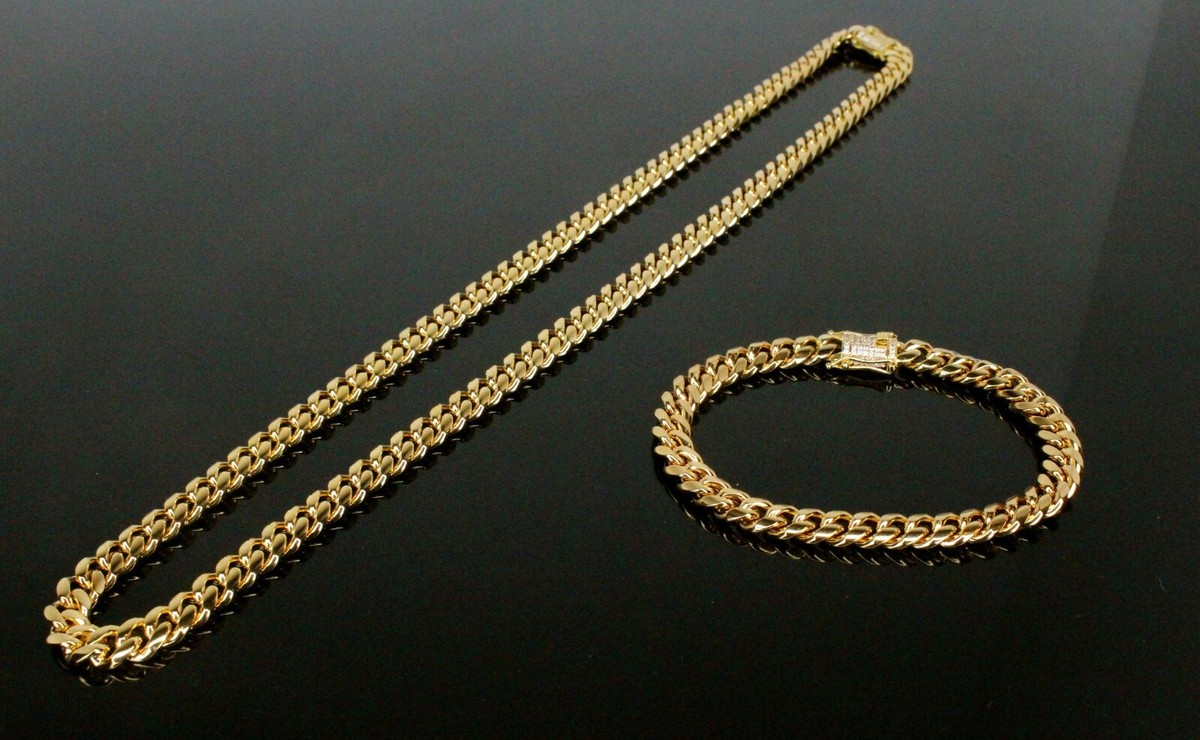 8mm Mens Cuban Miami Link Bracelet Chain Set 14k Gold Plated Stainless  Steel