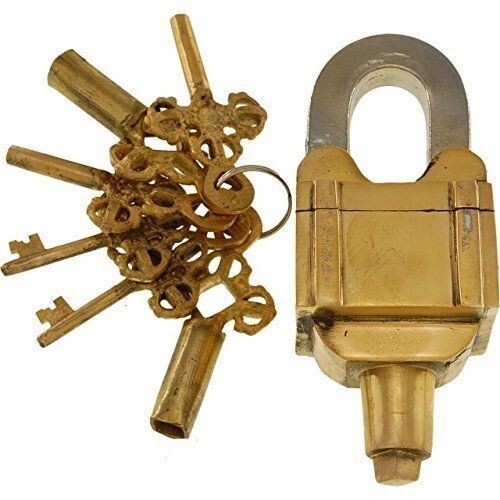 Golden Brass Padlock Six Key Square Trick Puzzle Heavy Safety Door