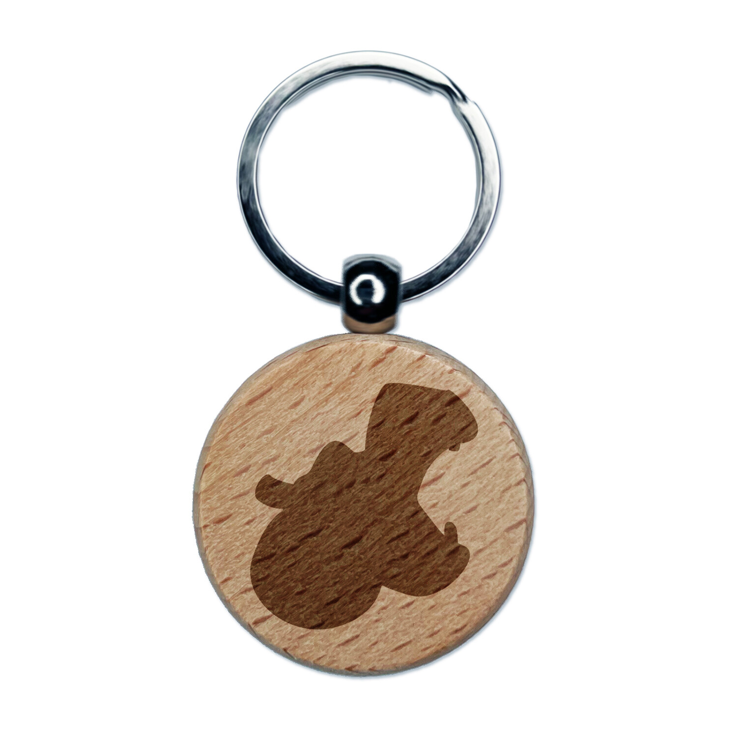 Hippo Head Engraved Solid Wood Round Keychain Charm  