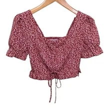 SHEIN Floral Puff Sleeve Crop Top with Tie Detail M Maroon Red Ditsy Boho Chic