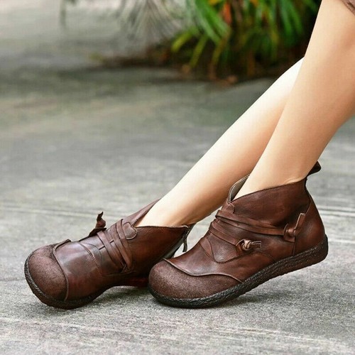 Womens Flat Ankle Boots Ladies Vintage 