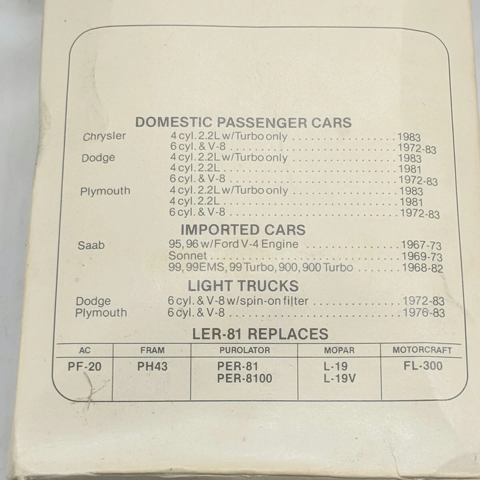 4 filtros de aceite PowerFlo LER81 para Chrysler Plymouth Dodge 2,2 L Saab Sonnet Nuevo de Lote Antiguo Foto 3 de 4