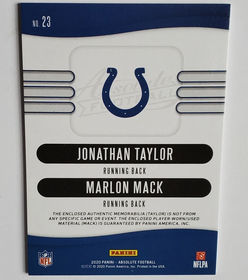 JONATHAN TAYLOR MARLON MACK 2020 Panini Absolute Team Tandem #23 Dual Patch /199 - Image 2 of 4