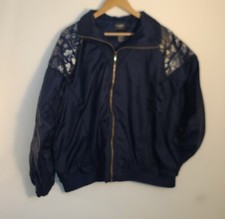 Vintage 80s 90s Outbrook Track Jacket Navy Blue Gold Shiny Women 2X 20 Leisure