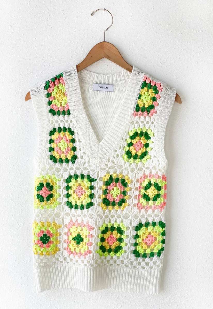 Greylin Jordan Hand Crochet Floral Sweater Vest sz L