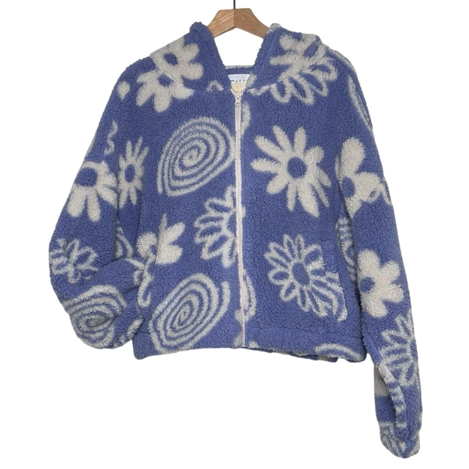 Cali 1850 Floral Periwinkle Sherpa Fleece Jacket Hoodie Full Zip Cozy Women XL - Image 2 of 4