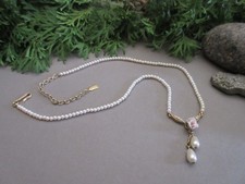 Vtg 1928 Jewelry Porcelain Pink Rose Faux Pearl Victorian Style Choker Necklace