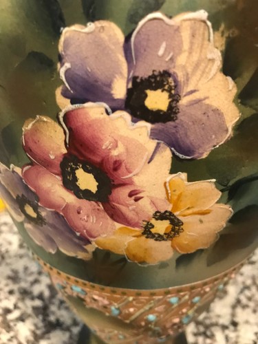 Antico Vaso Giappone Dipinto A Mano Pansies Manici Moriage Perline Turchese 13" - Foto 6 di 12
