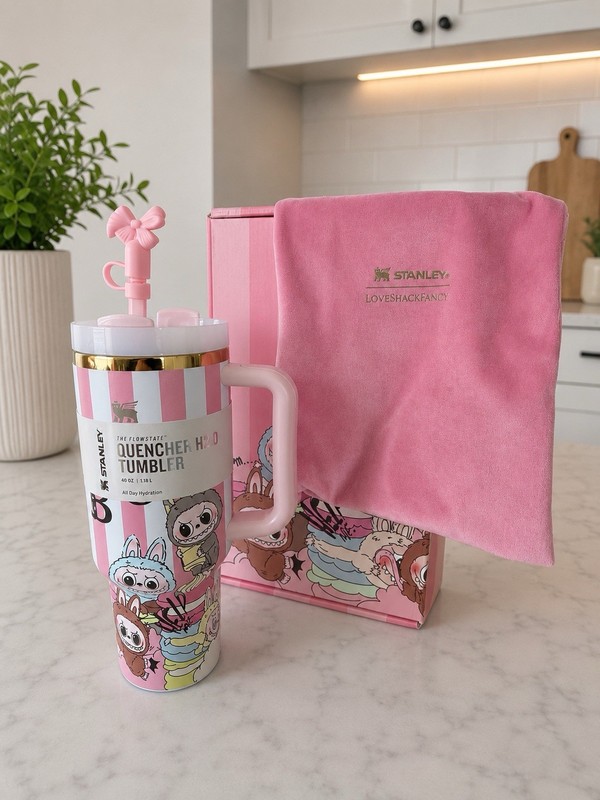 Stanley Quencher H2.0 40oz Pink/White Bunny Striped Tumbler Handle Lid Straw