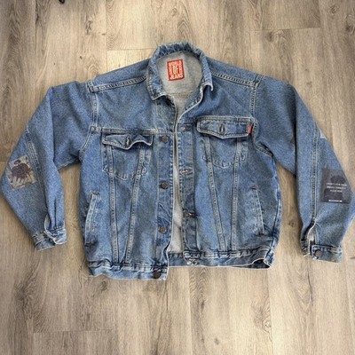 Casucci Denim Jacket Womens XL Blue Graphic Quote Patches Relaxed Fit