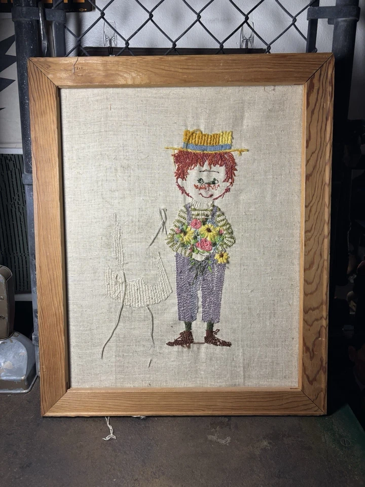 Handmade Needlepoint Artwork Wood Framed “Boy With Flowers For Girl” - Image 2 of 4