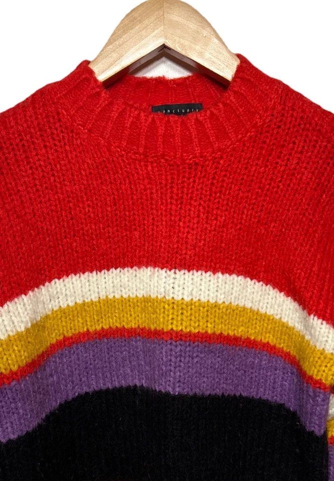 Sanctuary Oversized Wool Blend Knit Sweater Red Purple Black Yellow Stripe Sz XS - Image 2 of 4