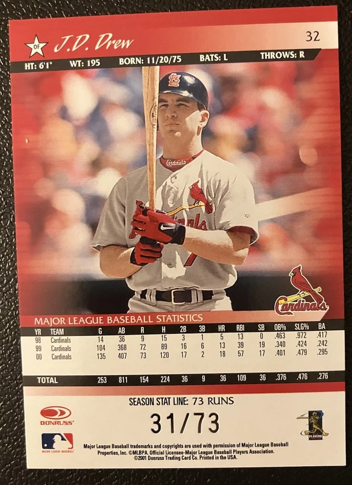 2001 J.D. Drew Donruss #32 SEASON STAT LINE 31/73 RARE St. Louis Cardinals - Image 2 of 2