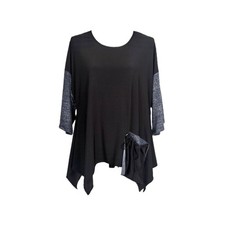 Women's Black Asymmetrical Tunic Top Size M with Denim Print Style Sleeves NWT