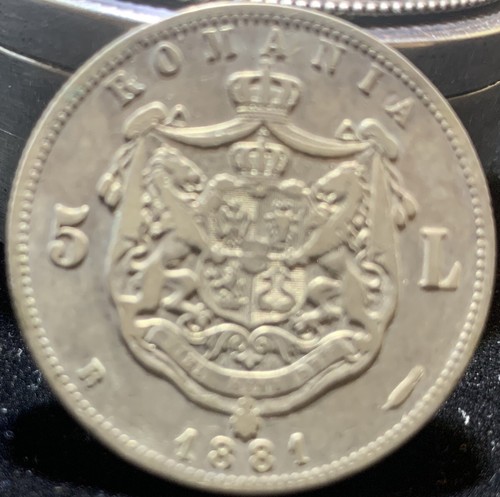 Coin Romania 1881 5 Lei Silver - Carol I First Year Issue - Picture 2 of 4