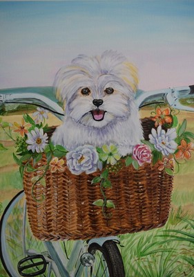Maltese dog with flowers, dog portrait with acrylic paints on canvas 40x50cm