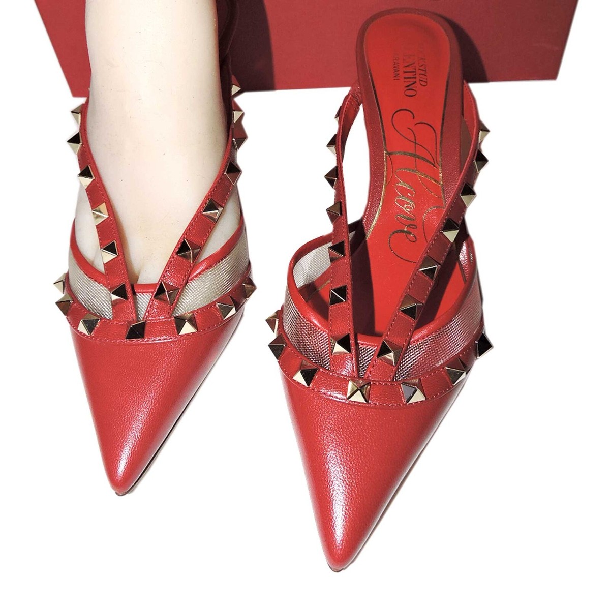 36.5 VALENTINO Sandals Red Leather Mules Rockstud Kitten Heels