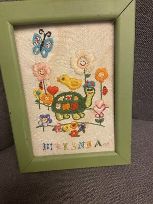 Crewel Needlepoint Turtle Butterfly  Green Wood Frame 1977 Cottage Chic