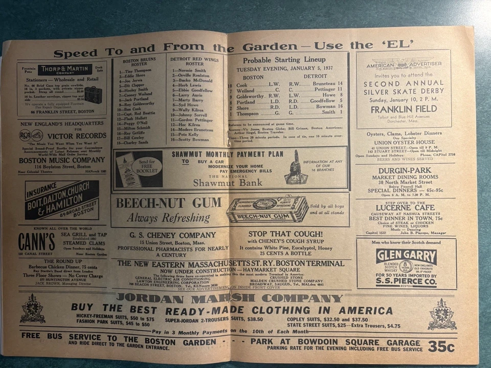 1937 Jan 5th Boston Bruins Versus Detroit Red Wings Program Boston Garden - Image 2 of 4