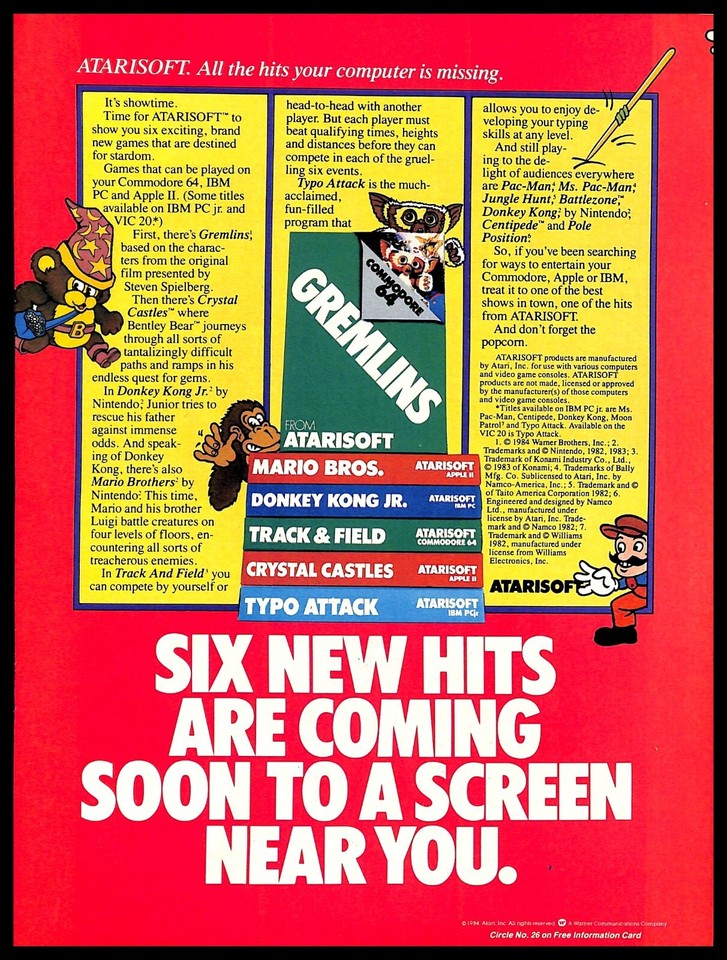 An original 1984 Atarisoft print ad featuring Mario Bros, Donkey Kong, and Gremlins — a genuine piece of gaming history that frames beautifully.
