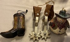 Western Cowboy Boots Spurs Snowman Hat Christmas Ornaments Lot of 3