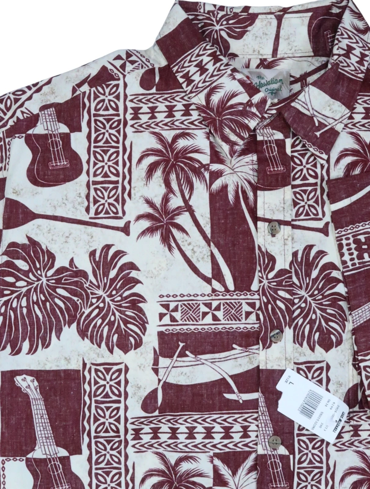 NWT HILO HATTIE VINTAGE HAWAIIAN MENS LARGE BUTTON UP CAMP SHIRT AZTEC GUITAR SS