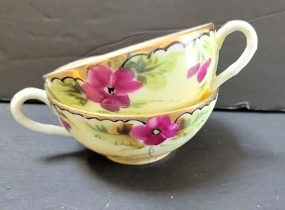 Porcelain Cups Hand Painted Kane Toku w/ Pink Floral & Gold Accents VTG Cottage 