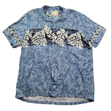 Vintage Paradise Found Mens Blue Shirt Size L Floral Hawaiian Aloha Button Up
