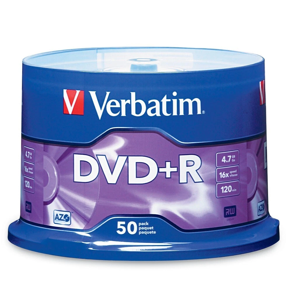 Verbatim DVD+R 4.7GB 16x AZO Recordable Media Disc 50 Disc Spindle 95136