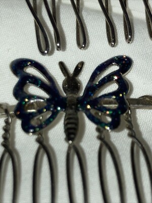 Pair Vintage Silver Coloured Metal Hair Combs Each With 3  display picture 1