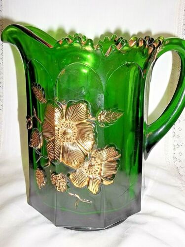 NORTHWOOD GOLD ROSE GREEN PITCHER MARKED W/ N HALLMARK LOGO - Picture 2 of 8
