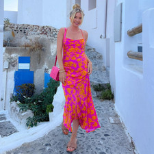 Women's Dress Summer New One Line Neck Strap Print Mid Length Sleeveless Dress